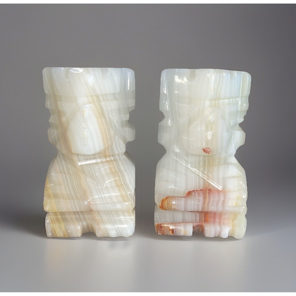 VTG Pair Carved Heavy Onyx Marble Aztec Mayan Tiki Bookends Decor 3 1/2 inch